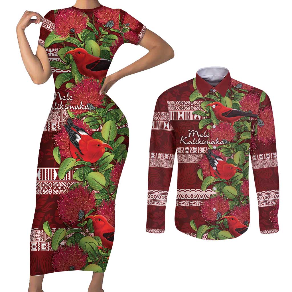 Hawaii Christmas Mele Kalikimaka Couples Matching Short Sleeve Bodycon Dress and Long Sleeve Button Shirt I'iwi Bird on Ohia Lehua LT7 Red White - Polynesian Pride