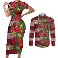 Hawaii Christmas Mele Kalikimaka Couples Matching Short Sleeve Bodycon Dress and Long Sleeve Button Shirt I'iwi Bird on Ohia Lehua LT7 Red White - Polynesian Pride