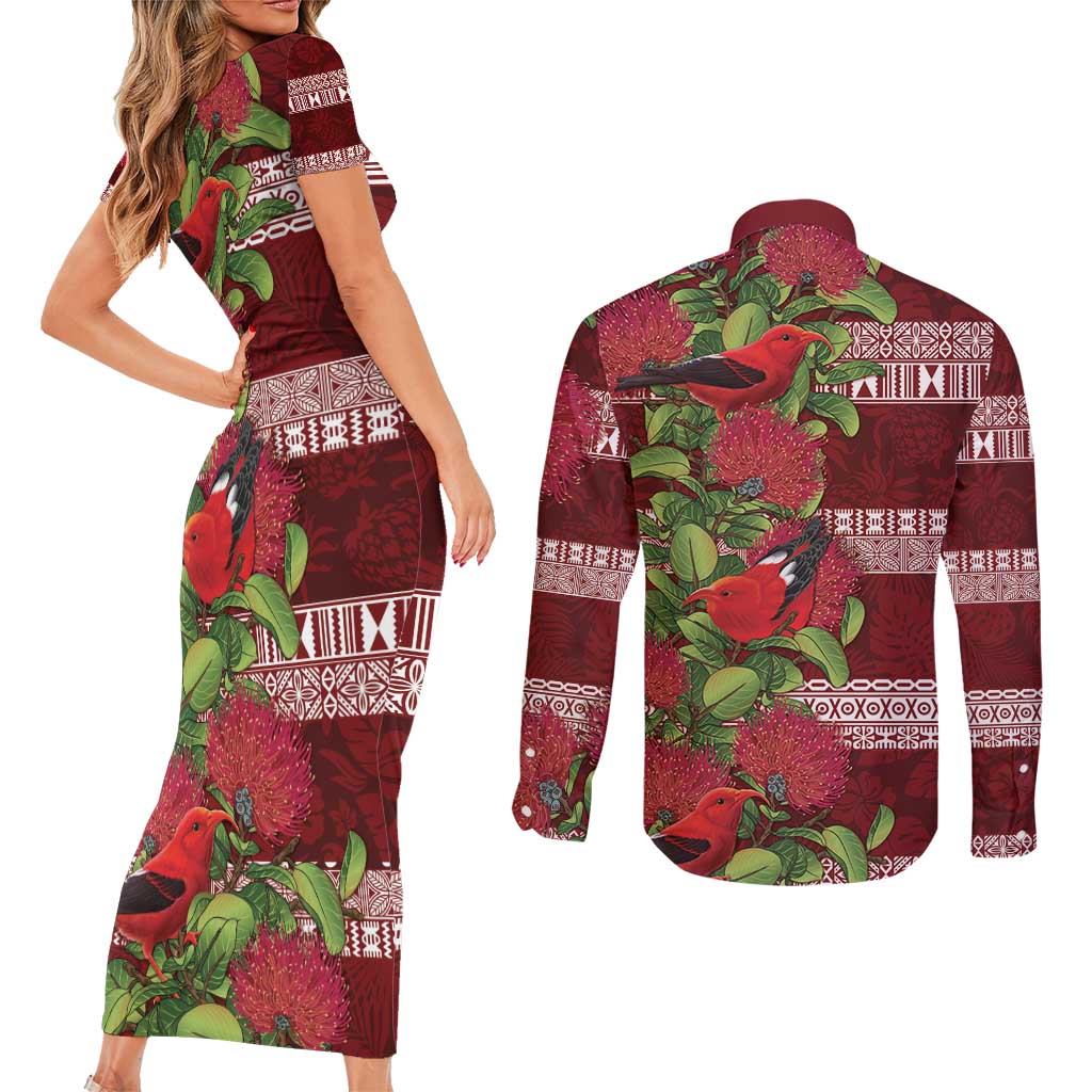 Hawaii Christmas Mele Kalikimaka Couples Matching Short Sleeve Bodycon Dress and Long Sleeve Button Shirt I'iwi Bird on Ohia Lehua LT7 - Polynesian Pride