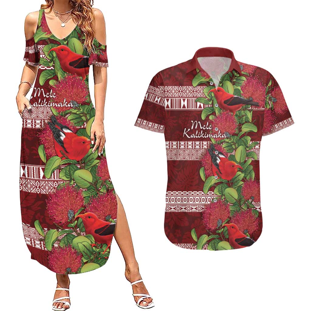 Hawaii Christmas Mele Kalikimaka Couples Matching Summer Maxi Dress and Hawaiian Shirt I'iwi Bird on Ohia Lehua LT7 Red White - Polynesian Pride