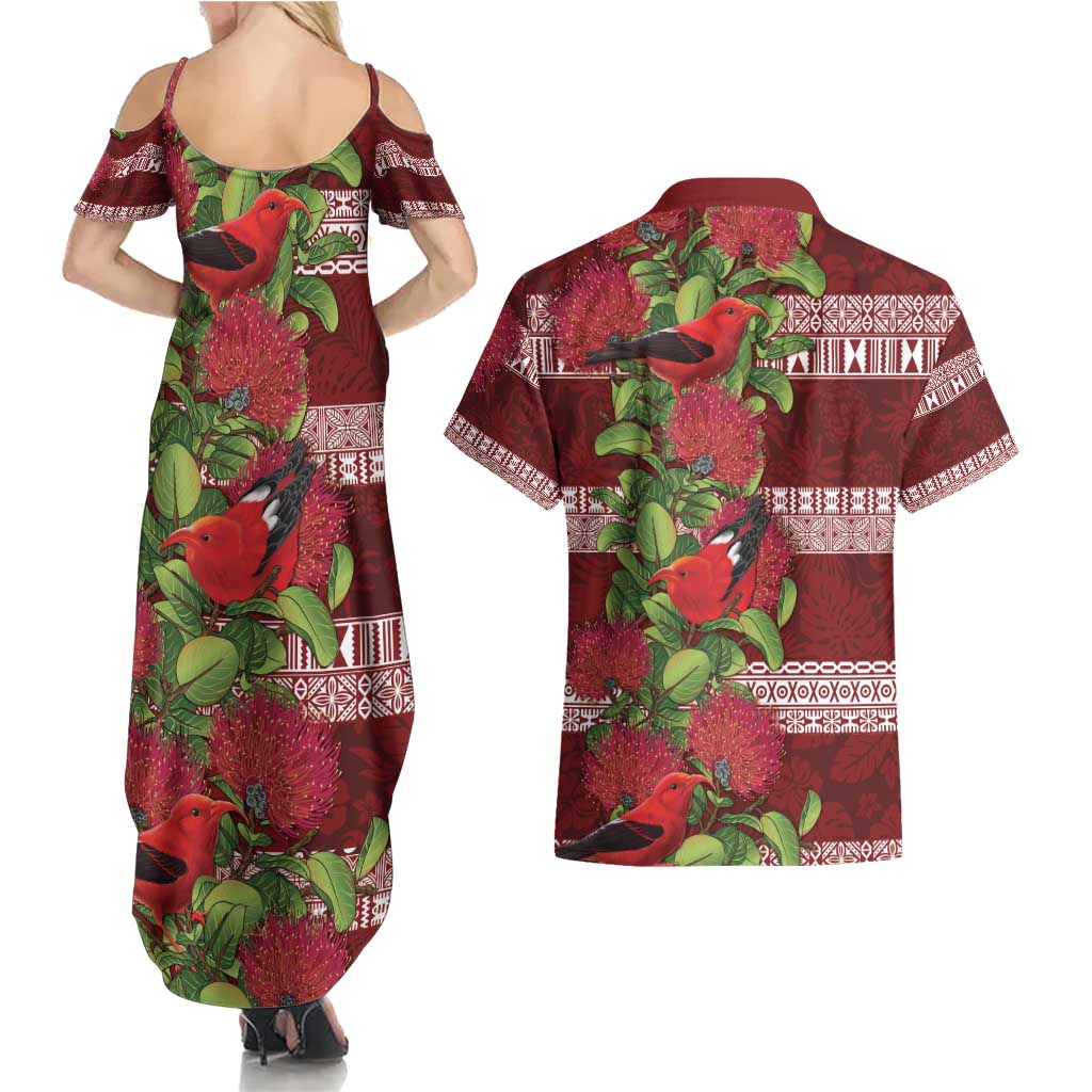 Hawaii Christmas Mele Kalikimaka Couples Matching Summer Maxi Dress and Hawaiian Shirt I'iwi Bird on Ohia Lehua LT7 - Polynesian Pride
