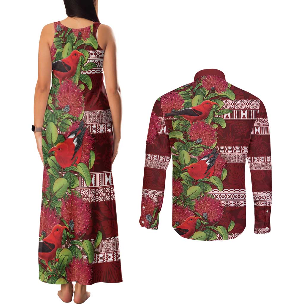 Hawaii Christmas Mele Kalikimaka Couples Matching Tank Maxi Dress and Long Sleeve Button Shirt I'iwi Bird on Ohia Lehua LT7 - Polynesian Pride
