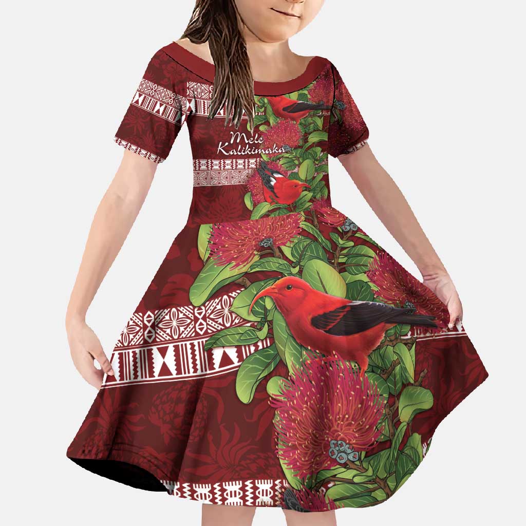Hawaii Christmas Mele Kalikimaka Family Matching Long Sleeve Bodycon Dress and Hawaiian Shirt I'iwi Bird on Ohia Lehua LT7 Daughter's Dress Red White - Polynesian Pride