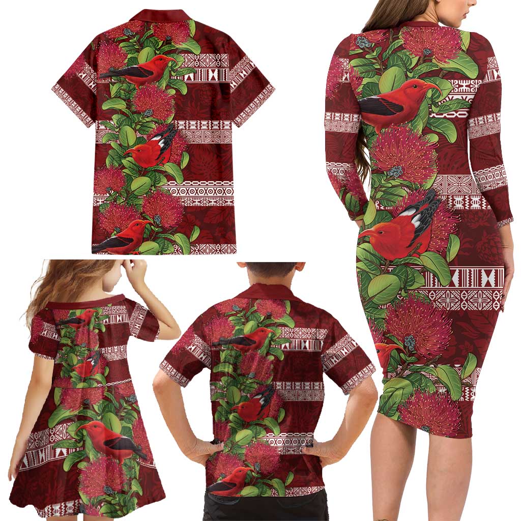 Hawaii Christmas Mele Kalikimaka Family Matching Long Sleeve Bodycon Dress and Hawaiian Shirt I'iwi Bird on Ohia Lehua LT7 - Polynesian Pride