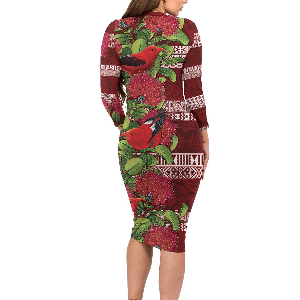 Hawaii Christmas Mele Kalikimaka Family Matching Long Sleeve Bodycon Dress and Hawaiian Shirt I'iwi Bird on Ohia Lehua LT7 - Polynesian Pride
