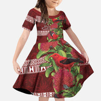 Hawaii Christmas Mele Kalikimaka Family Matching Mermaid Dress and Hawaiian Shirt I'iwi Bird on Ohia Lehua LT7 Daughter's Dress Red White - Polynesian Pride