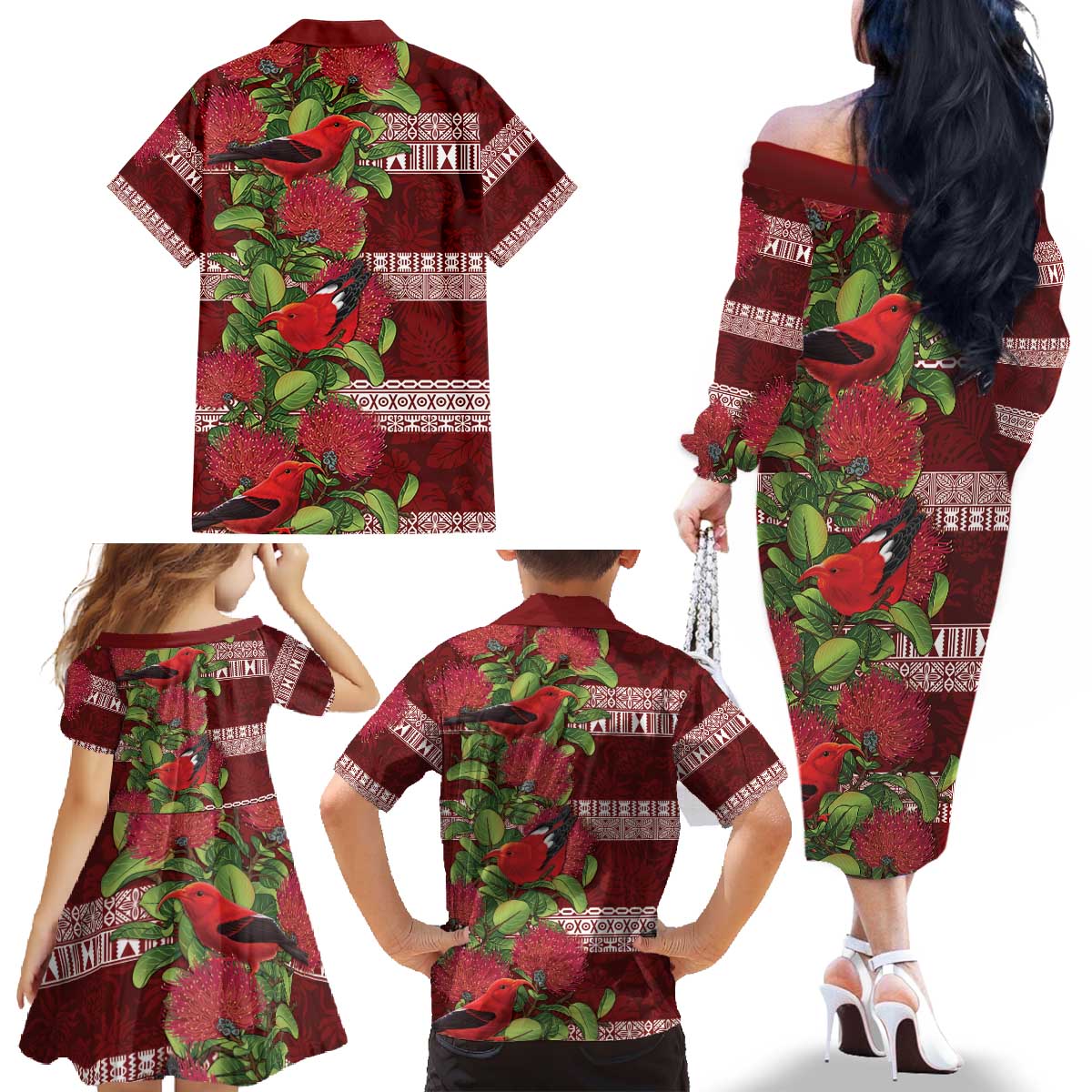 Hawaii Christmas Mele Kalikimaka Family Matching Off The Shoulder Long Sleeve Dress and Hawaiian Shirt I'iwi Bird on Ohia Lehua LT7 - Polynesian Pride