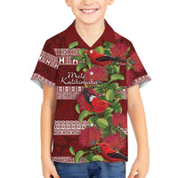 Hawaii Christmas Mele Kalikimaka Family Matching Off The Shoulder Long Sleeve Dress and Hawaiian Shirt I'iwi Bird on Ohia Lehua LT7 Son's Shirt Red White - Polynesian Pride