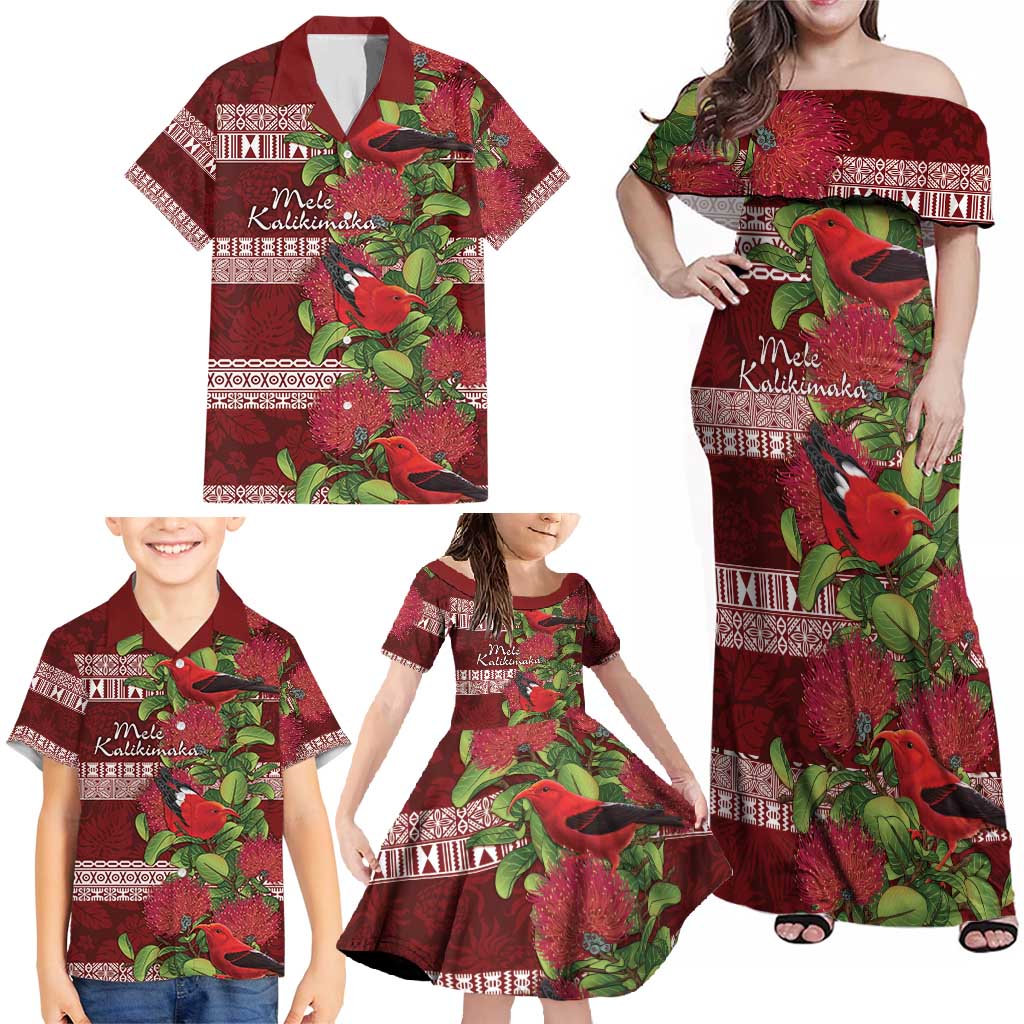 Hawaii Christmas Mele Kalikimaka Family Matching Off Shoulder Maxi Dress and Hawaiian Shirt I'iwi Bird on Ohia Lehua LT7 - Polynesian Pride