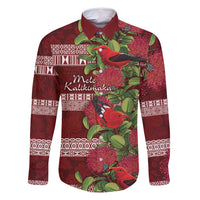 Hawaii Christmas Mele Kalikimaka Family Matching Off Shoulder Maxi Dress and Hawaiian Shirt I'iwi Bird on Ohia Lehua LT7 Dad's Shirt - Long Sleeve Red White - Polynesian Pride