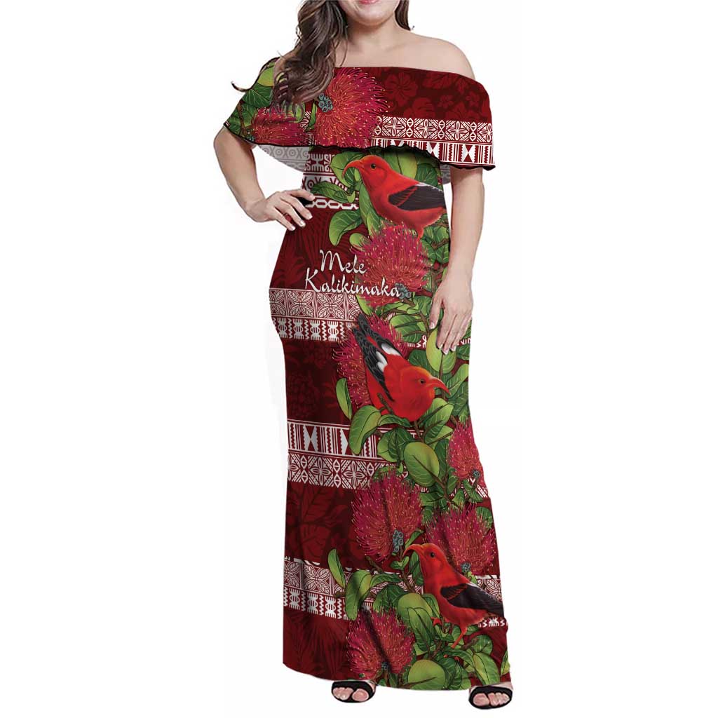 Hawaii Christmas Mele Kalikimaka Family Matching Off Shoulder Maxi Dress and Hawaiian Shirt I'iwi Bird on Ohia Lehua LT7 Mom's Dress Red White - Polynesian Pride