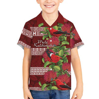 Hawaii Christmas Mele Kalikimaka Family Matching Off Shoulder Maxi Dress and Hawaiian Shirt I'iwi Bird on Ohia Lehua LT7 Son's Shirt Red White - Polynesian Pride
