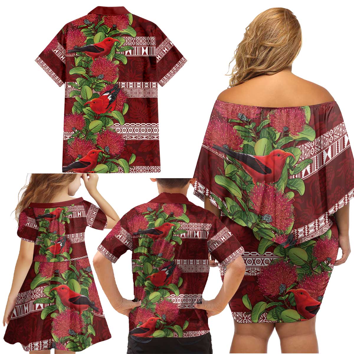 Hawaii Christmas Mele Kalikimaka Family Matching Off Shoulder Short Dress and Hawaiian Shirt I'iwi Bird on Ohia Lehua LT7 - Polynesian Pride