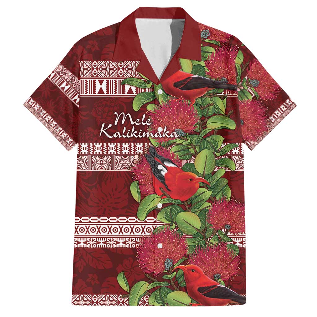 Hawaii Christmas Mele Kalikimaka Family Matching Puletasi and Hawaiian Shirt I'iwi Bird on Ohia Lehua LT7 Dad's Shirt - Short Sleeve Red White - Polynesian Pride