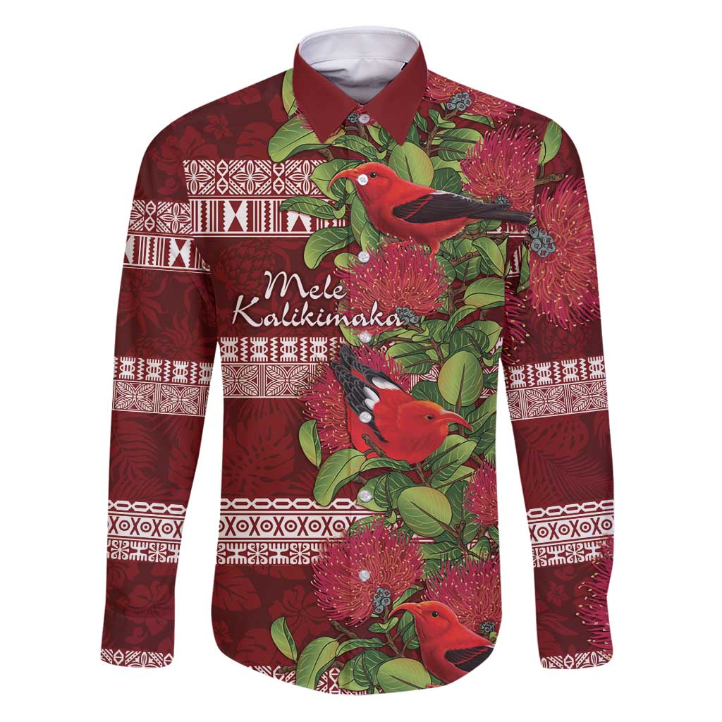 Hawaii Christmas Mele Kalikimaka Family Matching Puletasi and Hawaiian Shirt I'iwi Bird on Ohia Lehua LT7 Dad's Shirt - Long Sleeve Red White - Polynesian Pride