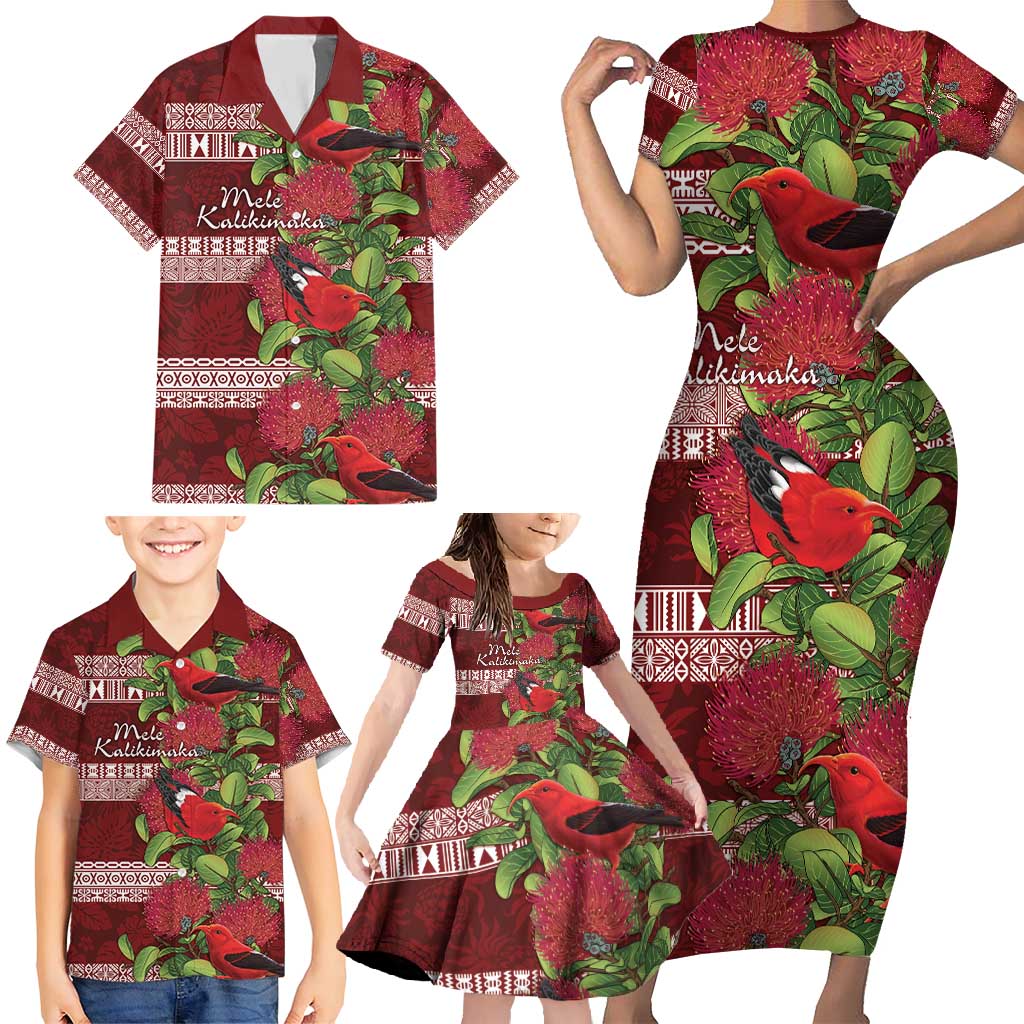 Hawaii Christmas Mele Kalikimaka Family Matching Short Sleeve Bodycon Dress and Hawaiian Shirt I'iwi Bird on Ohia Lehua LT7 - Polynesian Pride