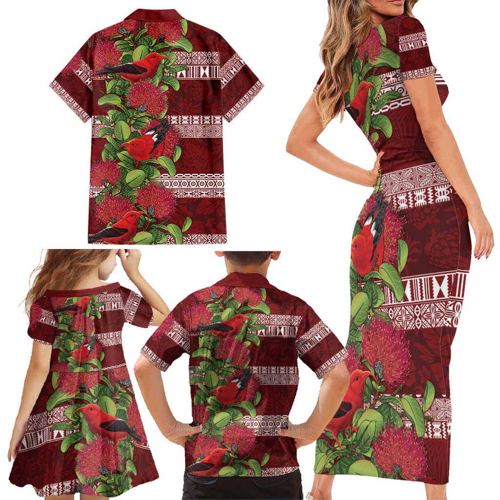 Hawaii Christmas Mele Kalikimaka Family Matching Short Sleeve Bodycon Dress and Hawaiian Shirt I'iwi Bird on Ohia Lehua LT7 - Polynesian Pride