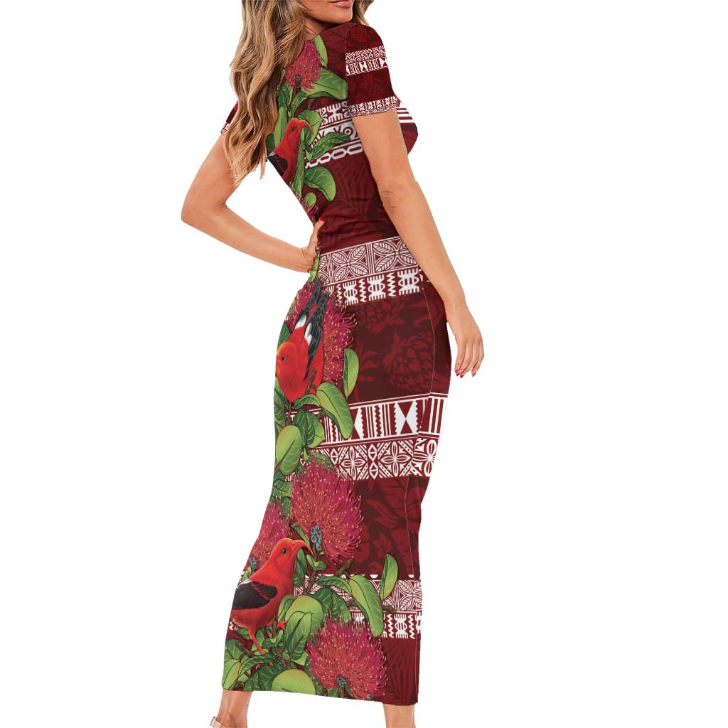 Hawaii Christmas Mele Kalikimaka Family Matching Short Sleeve Bodycon Dress and Hawaiian Shirt I'iwi Bird on Ohia Lehua LT7 - Polynesian Pride