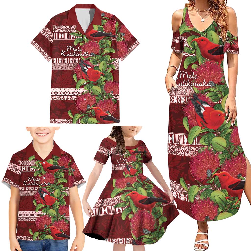 Hawaii Christmas Mele Kalikimaka Family Matching Summer Maxi Dress and Hawaiian Shirt I'iwi Bird on Ohia Lehua LT7 - Polynesian Pride
