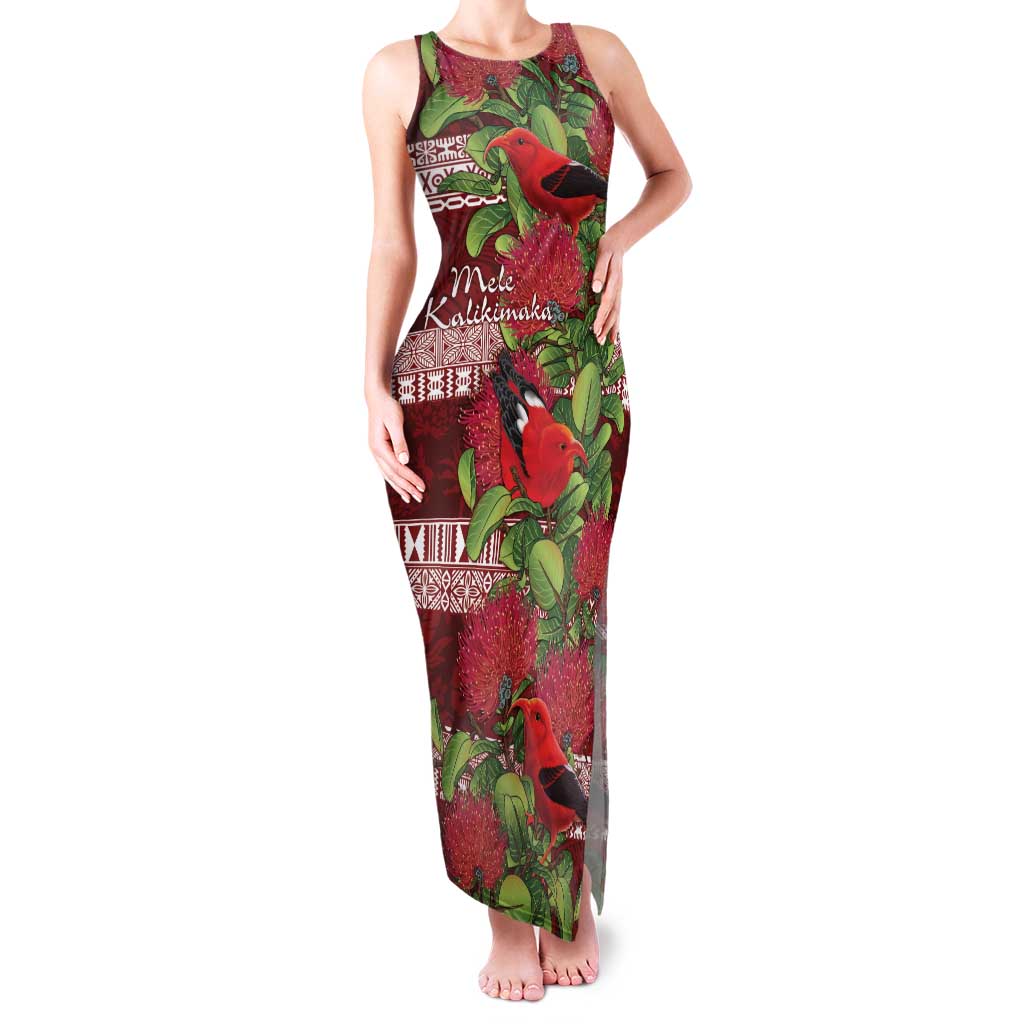 Hawaii Christmas Mele Kalikimaka Family Matching Tank Maxi Dress and Hawaiian Shirt I'iwi Bird on Ohia Lehua LT7 Mom's Dress Red White - Polynesian Pride