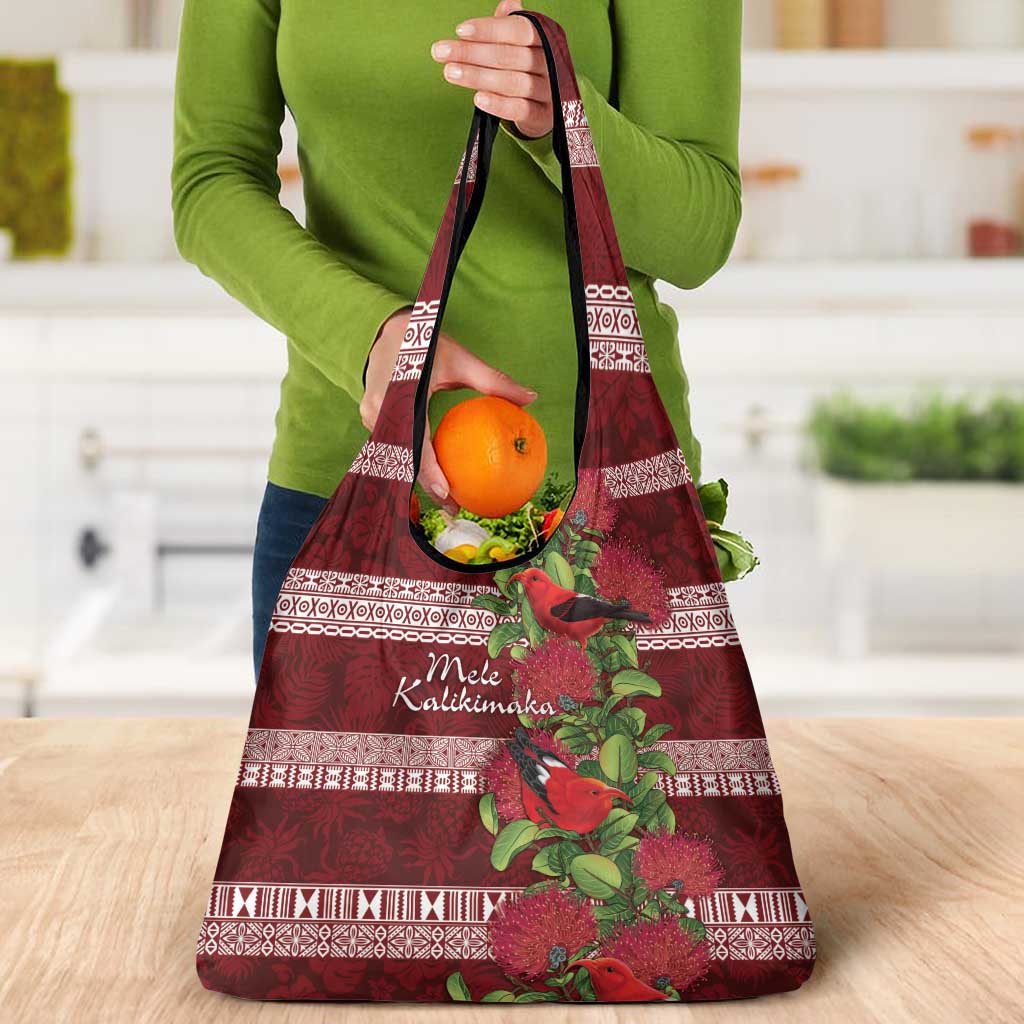 Hawaii Christmas Mele Kalikimaka Grocery Bag I'iwi Bird on Ohia Lehua