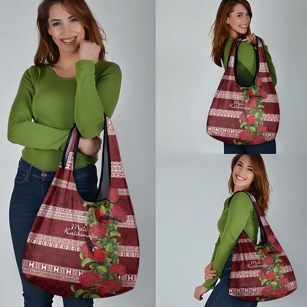 Hawaii Christmas Mele Kalikimaka Grocery Bag I'iwi Bird on Ohia Lehua