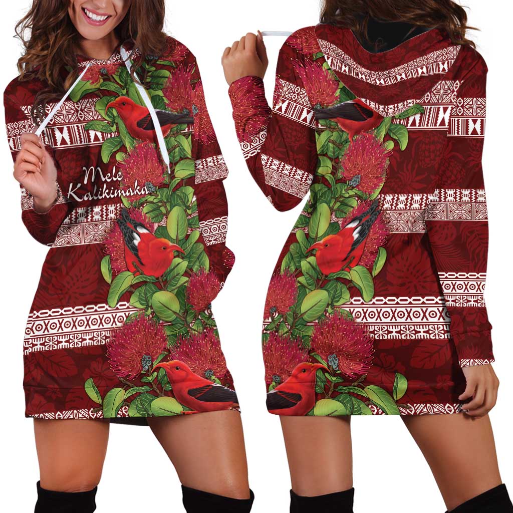 Hawaii Christmas Mele Kalikimaka Hoodie Dress I'iwi Bird on Ohia Lehua LT7 - Polynesian Pride