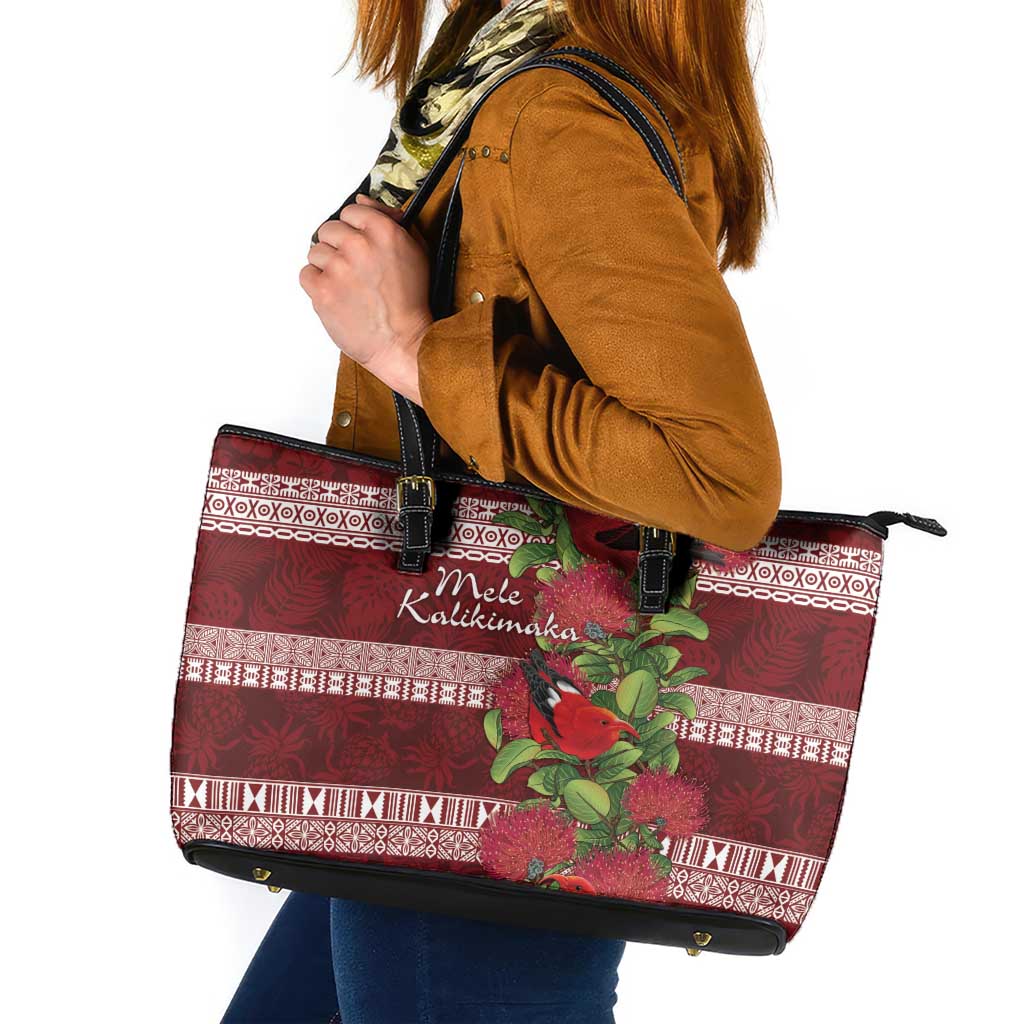 Hawaii Christmas Mele Kalikimaka Leather Tote Bag I'iwi Bird on Ohia Lehua LT7 Red White - Polynesian Pride