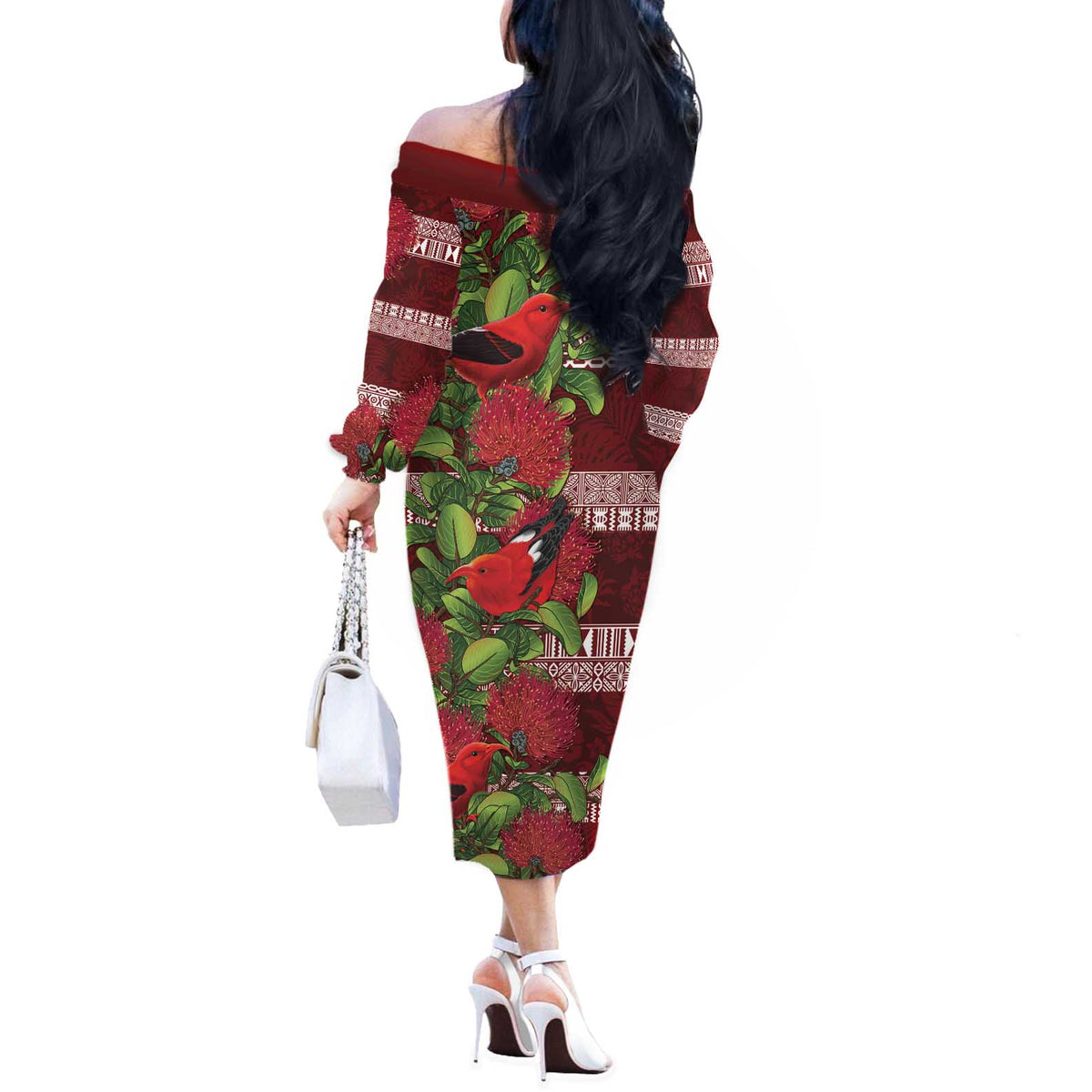 Hawaii Christmas Mele Kalikimaka Off The Shoulder Long Sleeve Dress I'iwi Bird on Ohia Lehua