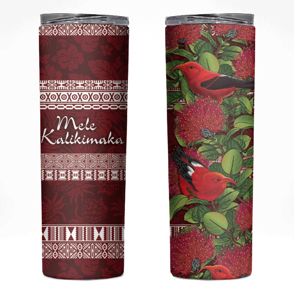 Hawaii Christmas Mele Kalikimaka Skinny Tumbler I'iwi Bird on Ohia Lehua LT7 Red White - Polynesian Pride