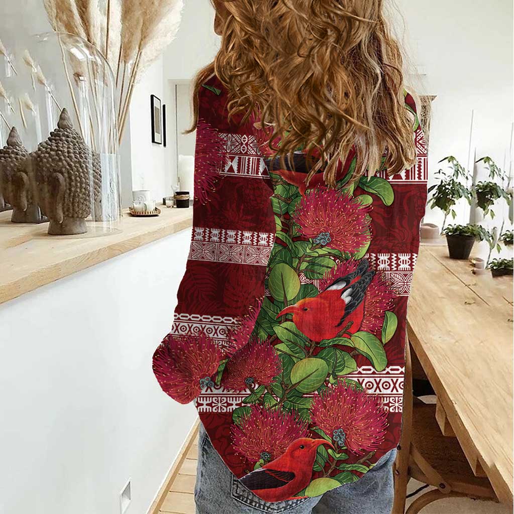 Hawaii Christmas Mele Kalikimaka Women Casual Shirt I'iwi Bird on Ohia Lehua LT7 - Polynesian Pride