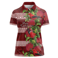 Hawaii Christmas Mele Kalikimaka Women Polo Shirt I'iwi Bird on Ohia Lehua LT7 Female Red White - Polynesian Pride