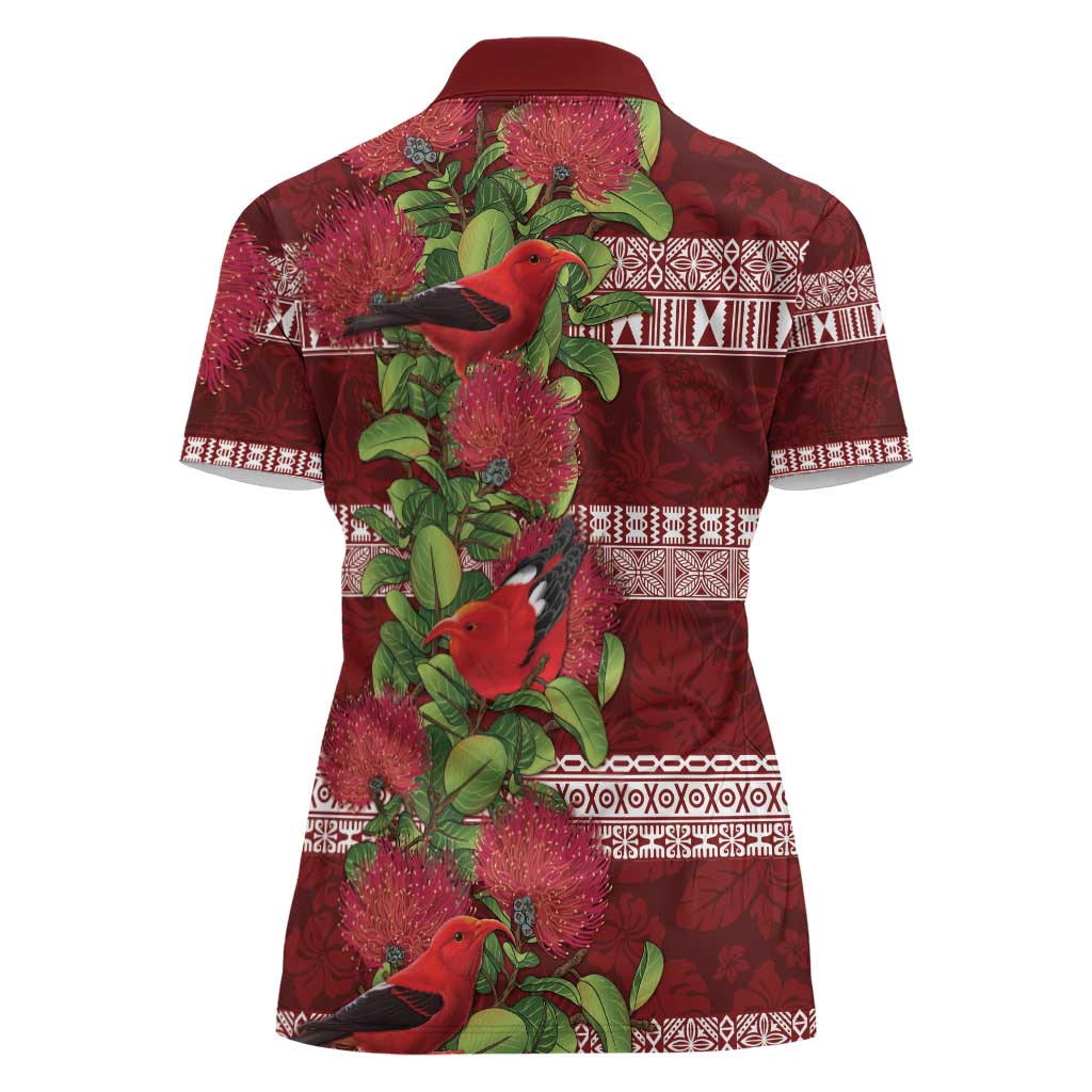 Hawaii Christmas Mele Kalikimaka Women Polo Shirt I'iwi Bird on Ohia Lehua LT7 - Polynesian Pride