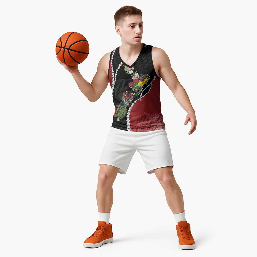 New Zealand Christmas Basketball Jersey Flora Map with Birds - Polynesian Pride