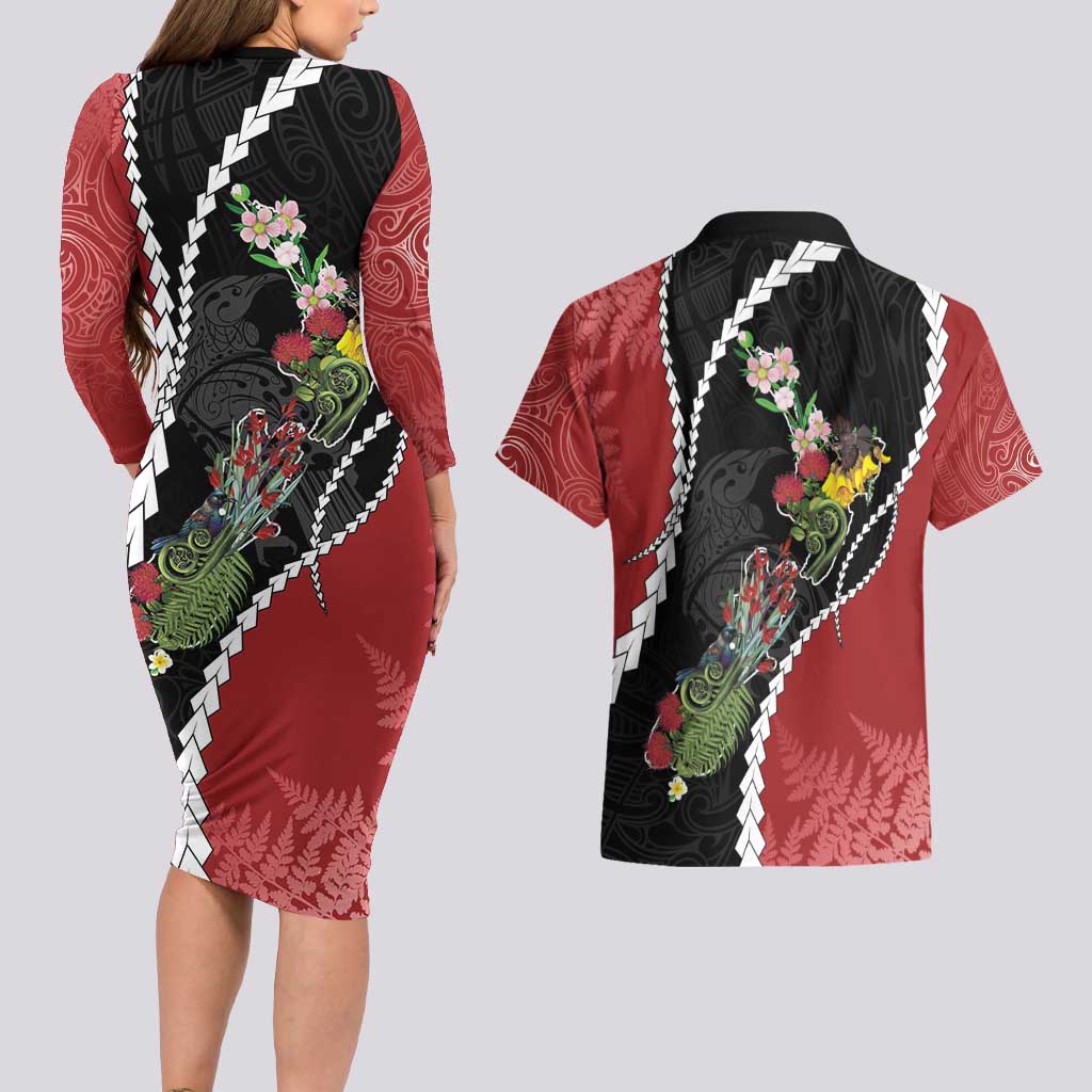 New Zealand Christmas Couples Matching Long Sleeve Bodycon Dress and Hawaiian Shirt Flora Map with Birds LT7 - Polynesian Pride