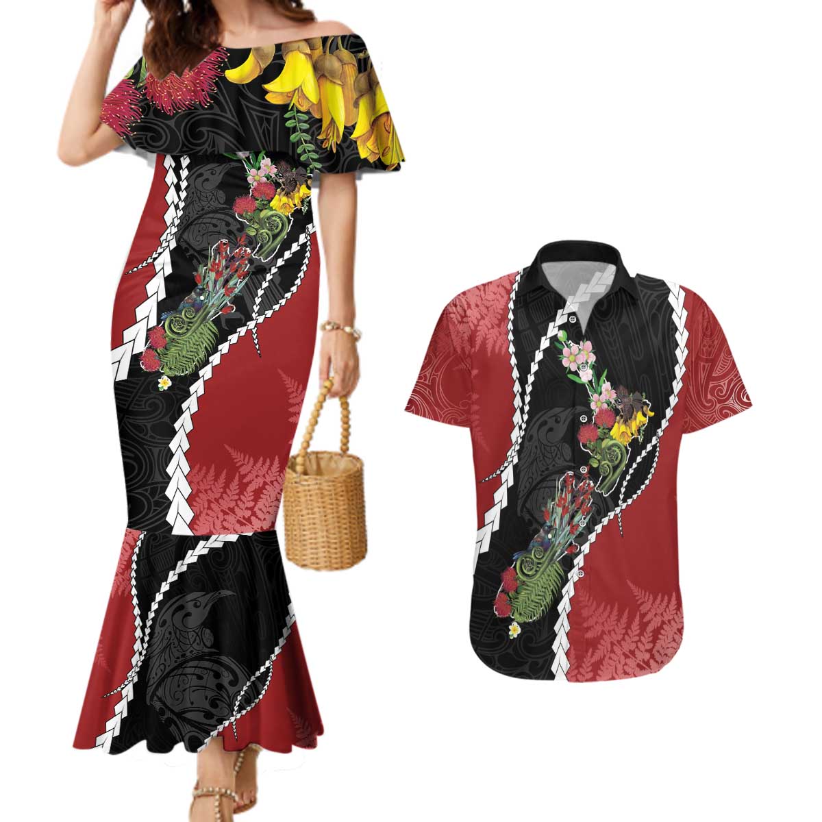New Zealand Christmas Couples Matching Mermaid Dress and Hawaiian Shirt Flora Map with Birds - Polynesian Pride