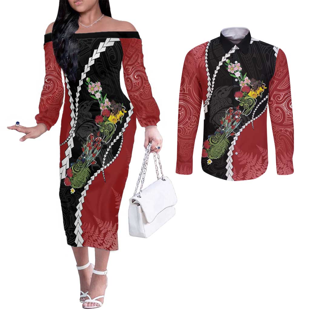 New Zealand Christmas Couples Matching Off The Shoulder Long Sleeve Dress and Long Sleeve Button Shirt Flora Map with Birds - Polynesian Pride