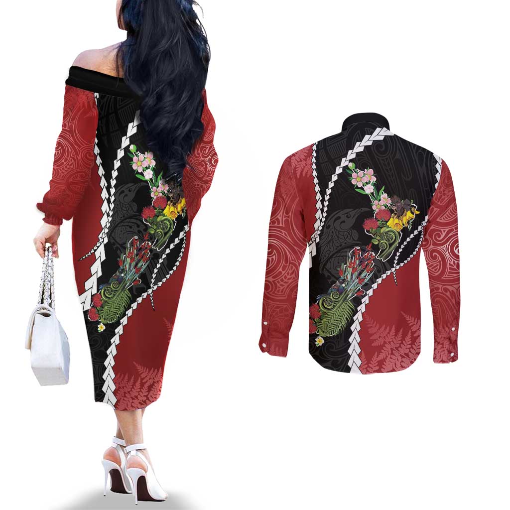 New Zealand Christmas Couples Matching Off The Shoulder Long Sleeve Dress and Long Sleeve Button Shirt Flora Map with Birds - Polynesian Pride