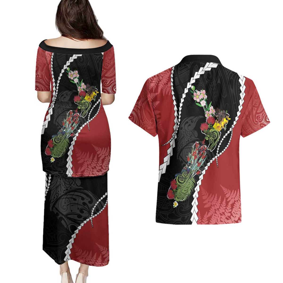 New Zealand Christmas Couples Matching Puletasi and Hawaiian Shirt Flora Map with Birds - Polynesian Pride