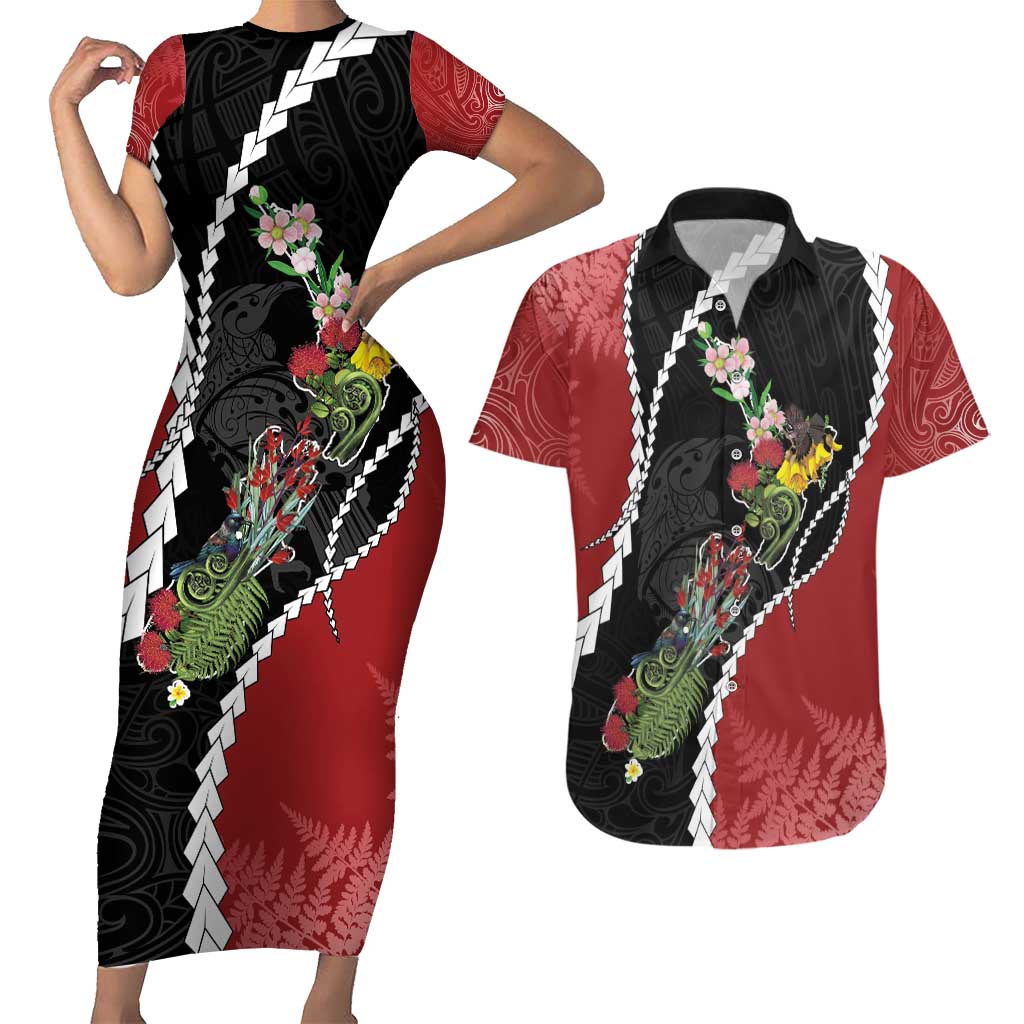 New Zealand Christmas Couples Matching Short Sleeve Bodycon Dress and Hawaiian Shirt Flora Map with Birds LT7 Black - Polynesian Pride