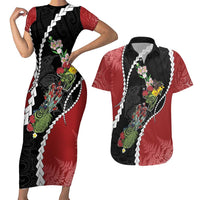 New Zealand Christmas Couples Matching Short Sleeve Bodycon Dress and Hawaiian Shirt Flora Map with Birds LT7 Black - Polynesian Pride