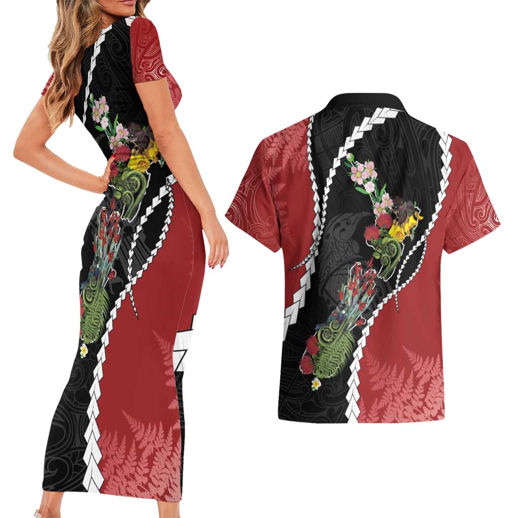 New Zealand Christmas Couples Matching Short Sleeve Bodycon Dress and Hawaiian Shirt Flora Map with Birds LT7 - Polynesian Pride