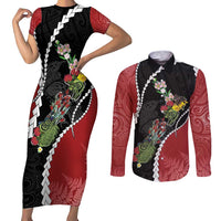 New Zealand Christmas Couples Matching Short Sleeve Bodycon Dress and Long Sleeve Button Shirt Flora Map with Birds - Polynesian Pride