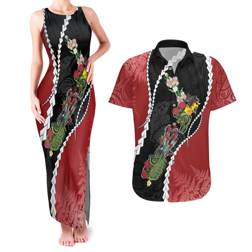 New Zealand Christmas Couples Matching Tank Maxi Dress and Hawaiian Shirt Flora Map with Birds - Polynesian Pride