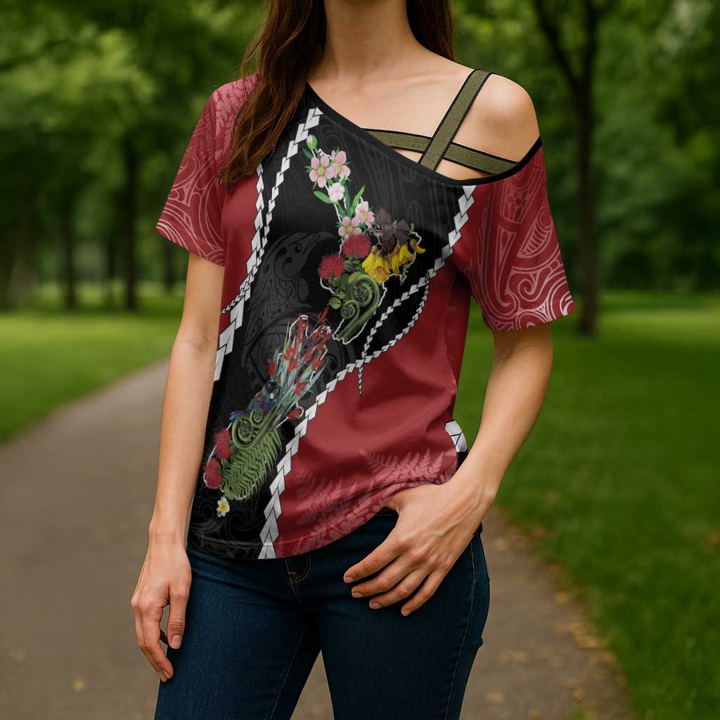 New Zealand Christmas Cross Shoulder Shirt Flora Map with Birds - Polynesian Pride