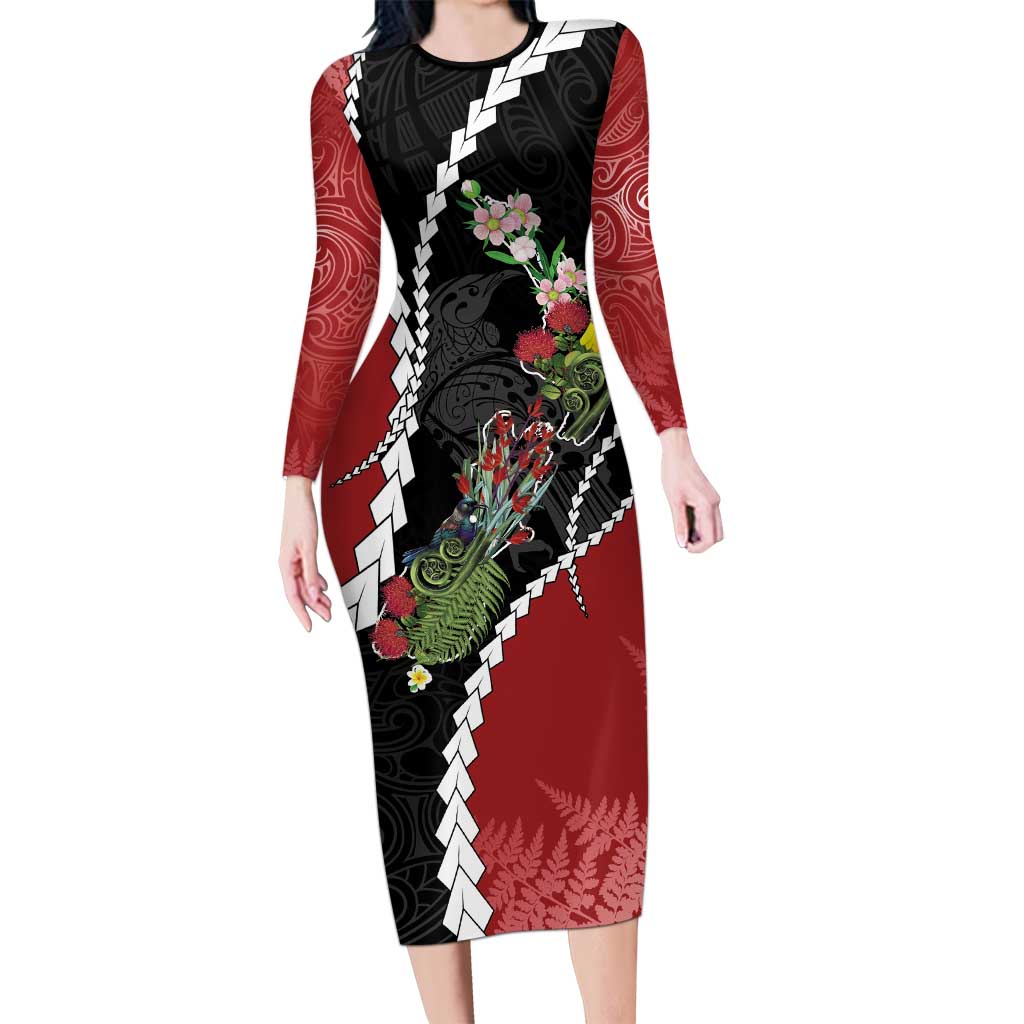 New Zealand Christmas Family Matching Long Sleeve Bodycon Dress and Hawaiian Shirt Flora Map with Birds LT7 Mom's Dress Black - Polynesian Pride