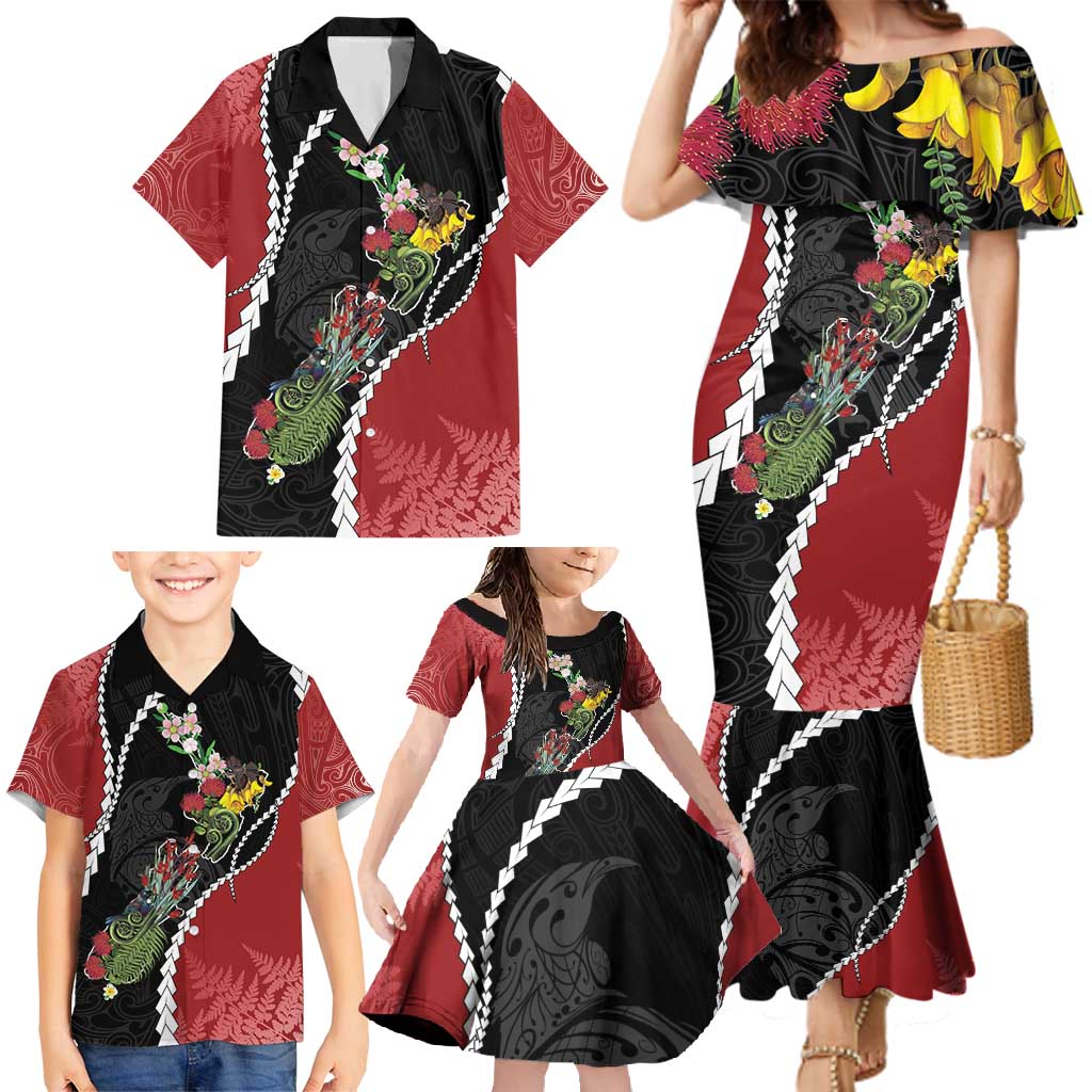 New Zealand Christmas Family Matching Mermaid Dress and Hawaiian Shirt Flora Map with Birds LT7 - Polynesian Pride