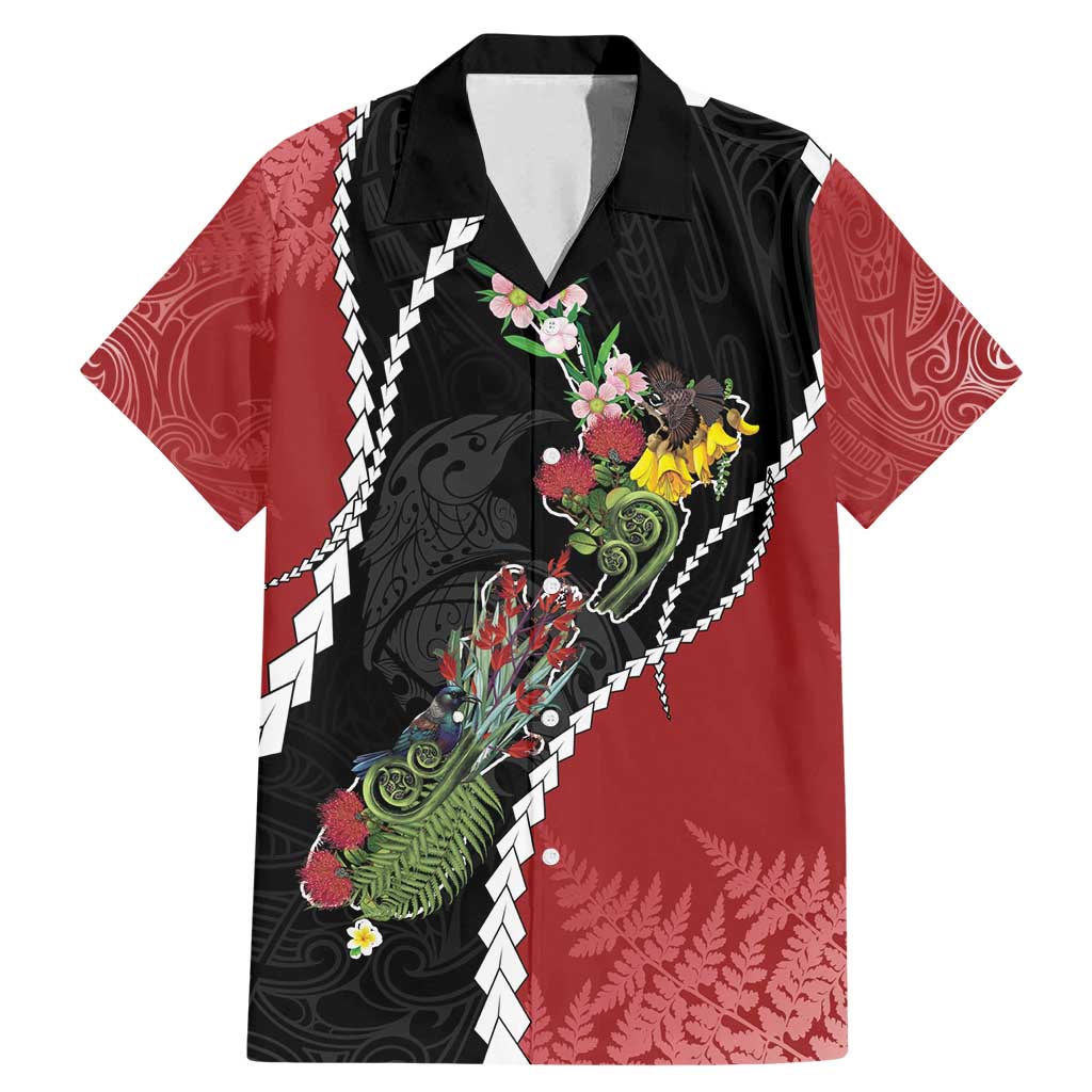 New Zealand Christmas Family Matching Mermaid Dress and Hawaiian Shirt Flora Map with Birds LT7 Dad's Shirt - Short Sleeve Black - Polynesian Pride