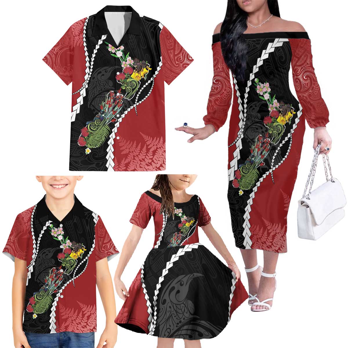 New Zealand Christmas Family Matching Off The Shoulder Long Sleeve Dress and Hawaiian Shirt Flora Map with Birds LT7 - Polynesian Pride