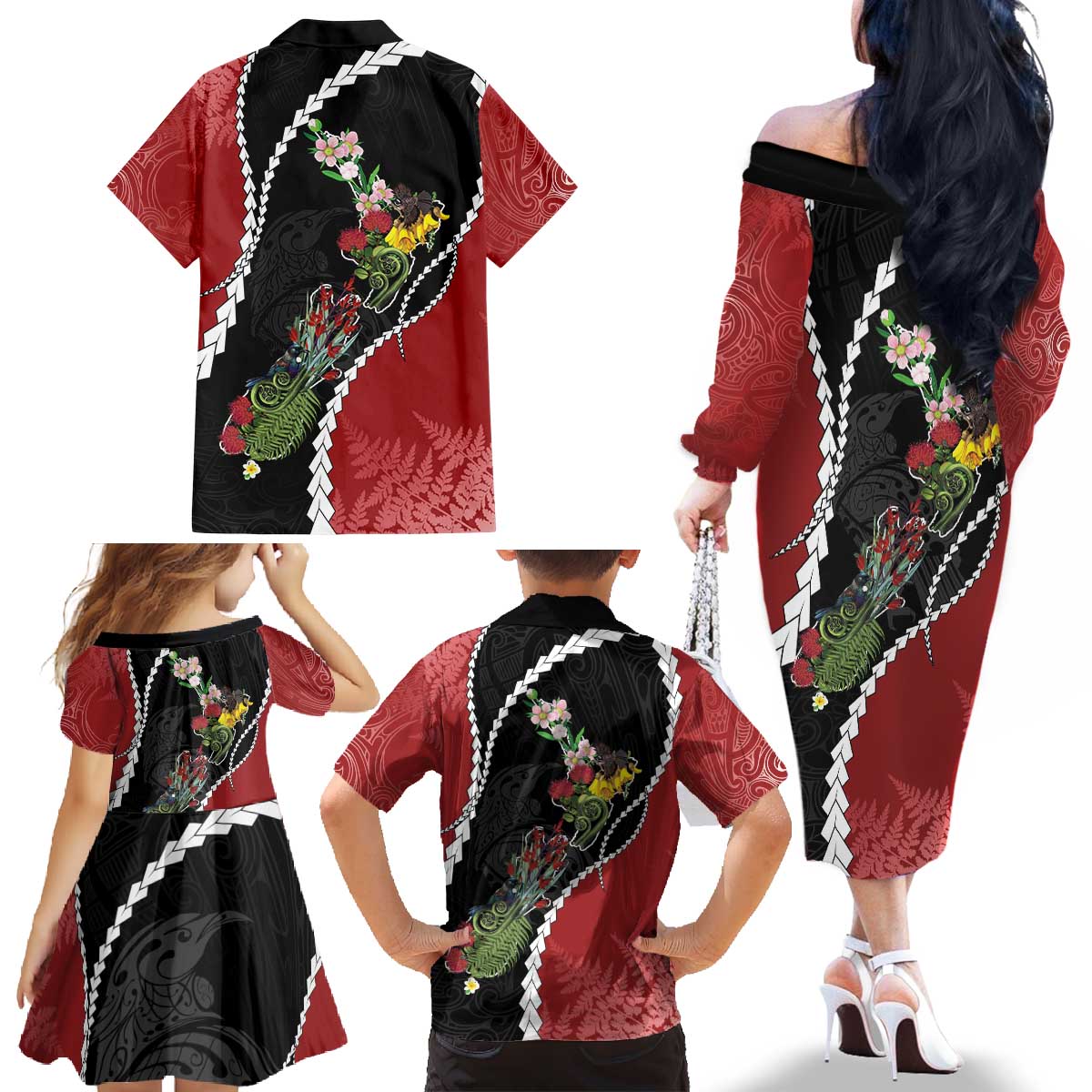 New Zealand Christmas Family Matching Off The Shoulder Long Sleeve Dress and Hawaiian Shirt Flora Map with Birds LT7 - Polynesian Pride